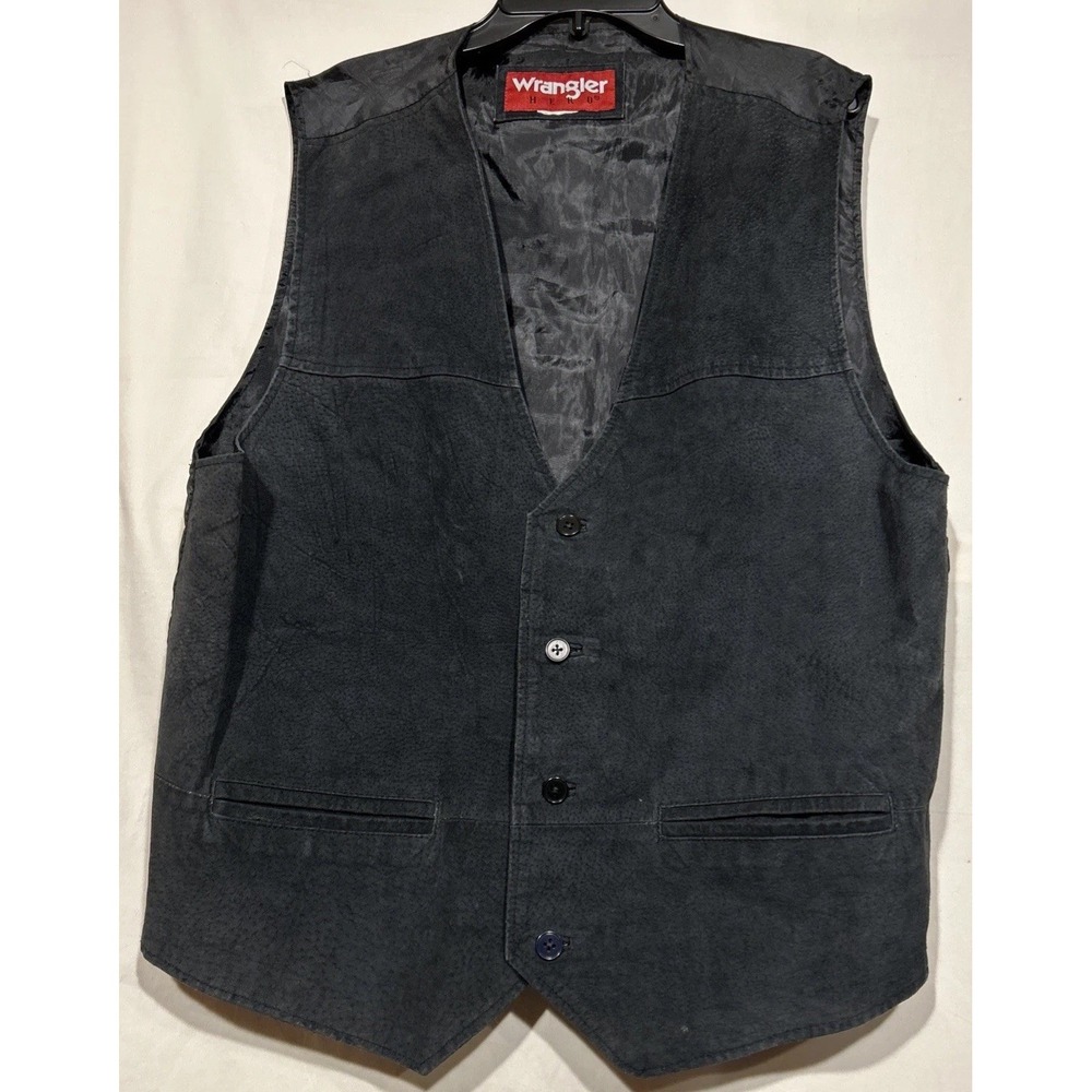 Black Suede Leather Vest Large Wrangler Hero Button Down Satin Like Back Buckle